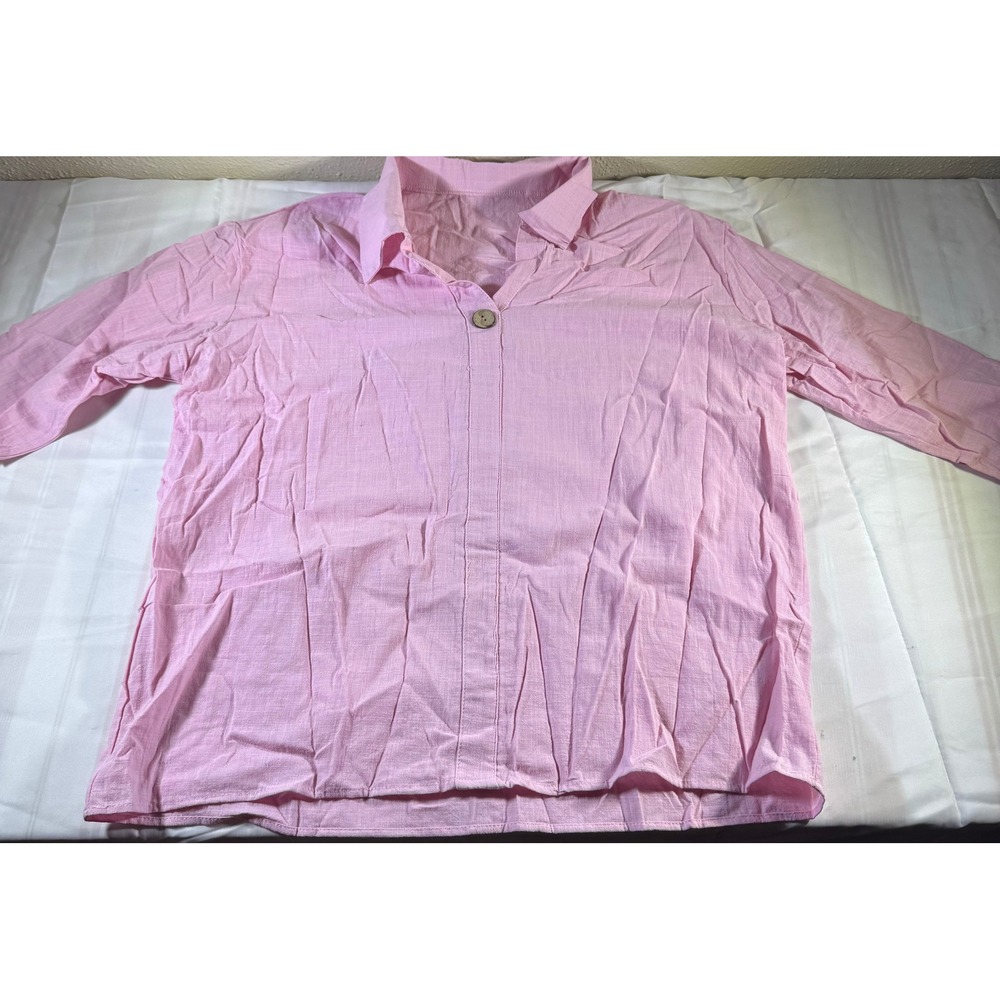 Womens Pink Textured Button Down Long Sleeve Shirt Lightweight Blouse